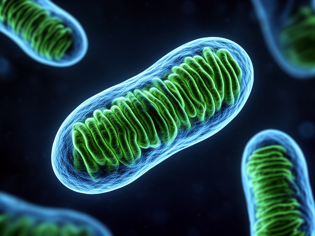 Illustration microscopique stylisée de mitochondries dans une cellule humaine, structures en forme de haricot avec crêtes internes visibles en teintes bleu-vert fluorescentes sur fond sombre, rendu réaliste de type microscopie électronique à transmission avec contraste élevé