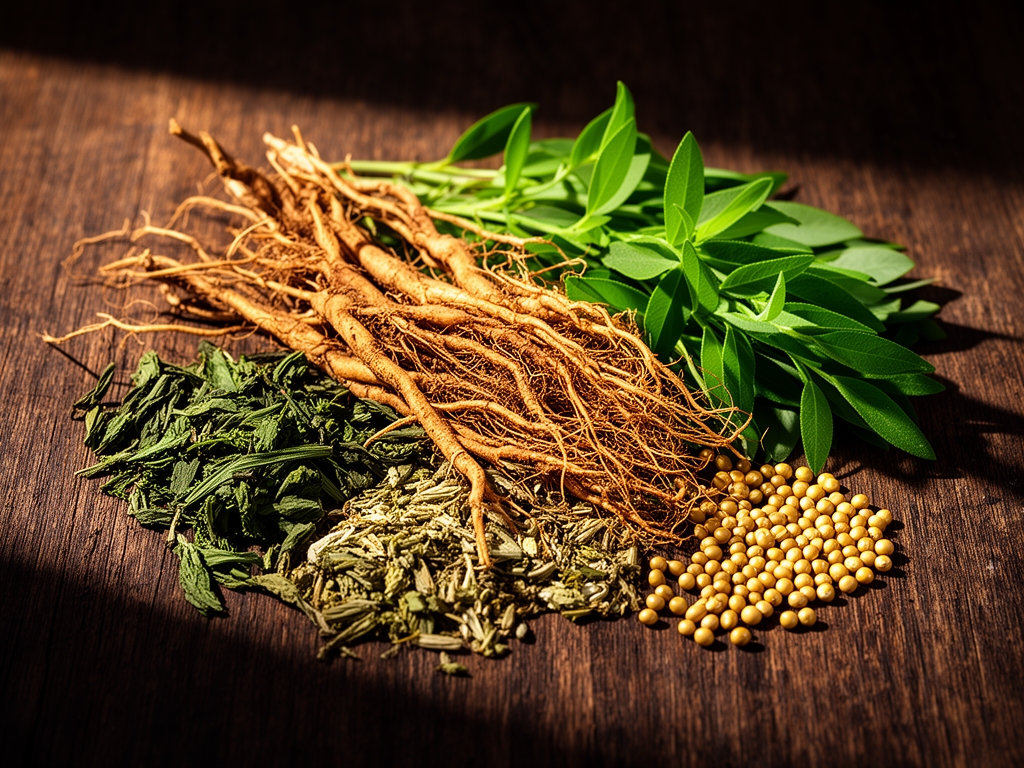 Composition botanique de plantes médicinales séchées, racines, feuilles vertes et graines dorées disposées avec soin sur une surface en bois foncé texturé, éclairage naturel chaud de côté créant des ombres profondes qui révèlent les textures organiques des ingrédients naturels