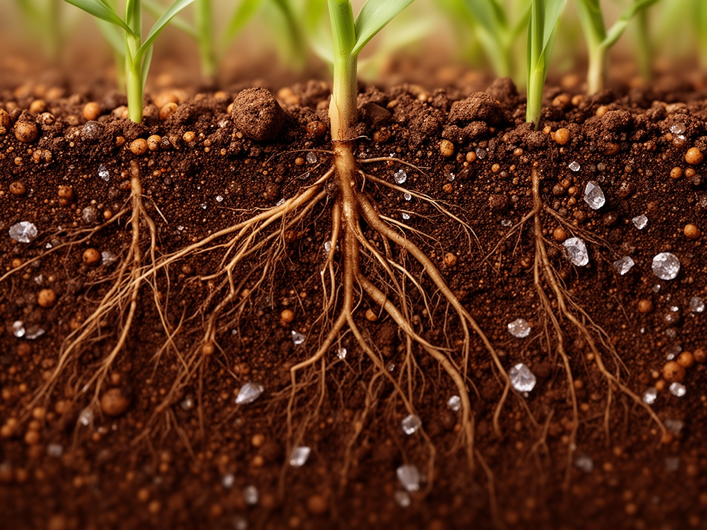 Vue macro du sol agricole fertile avec de nombreuses racines fines de plantes, grains de terre riches en matière organique et petits cristaux minéraux visibles sous un éclairage de laboratoire doux, tons bruns et ocre profonds