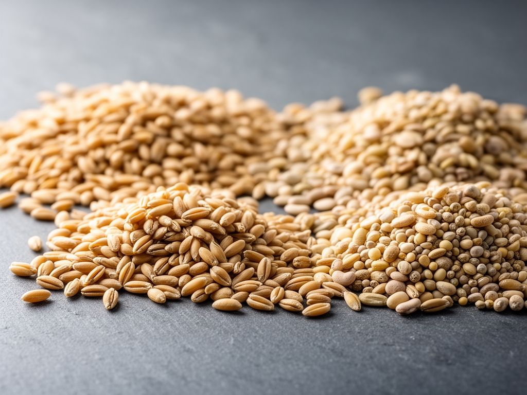 Grains de blé et légumineuses riches en zinc disposés en tas ordonnés sur une surface en ardoise grise, graines de couleur beige doré photographiées en macro avec bokeh naturel et lumière latérale douce mettant en valeur les textures